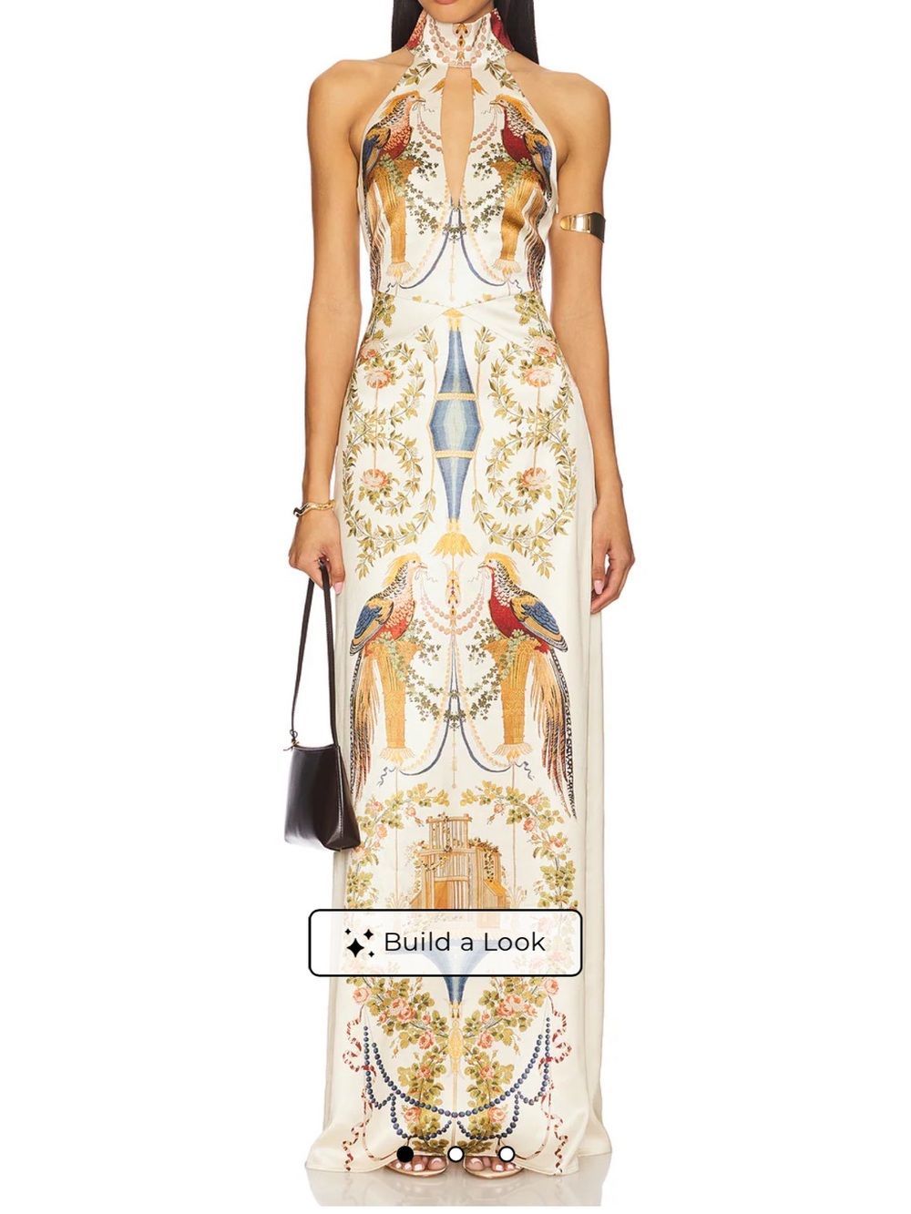 High-Neck Ivory Maxi Celeste Dress with Ornate Parrot Print